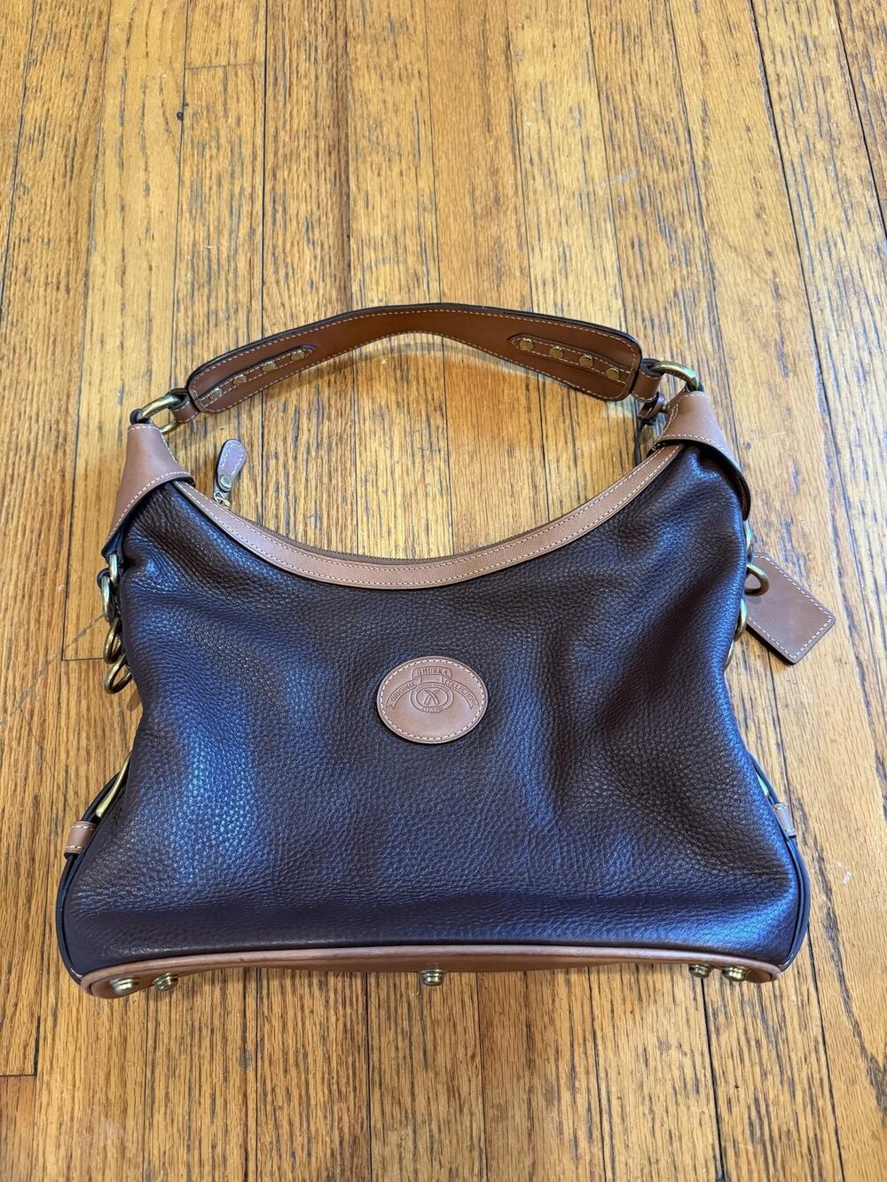 Ghurka Shoulder Bag Womens Brown Leather Pebbled Purse Brass Hardware Handbag